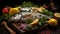 Fresh uncooked dorado or sea bream fish with lemon, herbs, oil, vegetables and spices. Generative AI