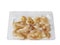 Fresh uncooked prawn or shrimp on plastic tray, white background. Premium high quality seafood product