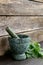 Fresh Valerian Herb Leaves with Green Marble Mortar and Pestle