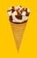 Fresh vanilla flaovr ice cream cone with chocolate on a yellow background