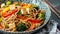 Fresh Vegan Stir-Fry Noodles with Tofu and Vegetables Close-up