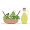 fresh vegetable salad with carafe of olive oil