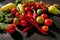 Fresh vegetables cherry tomatoes, bell peppers, red chili and oregano on wooden background