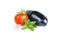 Fresh vegetables. Eggplant, tomato, garlic, green basil. Food ratatouille ingredients, summer harvest, isolated on white