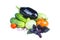 Fresh vegetables. Eggplant, tomatoes, onion, zucchini, cucumber, garlic, basil, salad food ingredients isolated on white