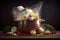 Fresh vegetables falling into a stainless steel casserole on wooden table