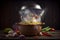 Fresh vegetables falling into a stainless steel casserole on wooden table