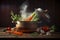 Fresh vegetables falling into a stainless steel casserole on wooden table