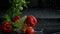 Fresh vegetables falling with water in slow motion