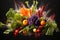 Fresh vegetables and fruits with water droplets exploding on black background, healthy eating concept, AI Generated