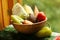 Fresh vegetables from garden - carrot, kale,corn,paprika,beetroot, potato in wooden bowl close up photo