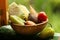 Fresh vegetables from garden - carrot, kale,corn,paprika,beetroot, potato in wooden bowl close up photo