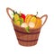 Fresh Vegetables Harvest Set In Wooden Bucket, Farm And Farming Related Illustration In Bright Cartoon Style