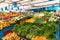 Fresh vegetables and herbs at a local market, background, texture