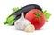 Fresh vegetables isolated. Eggplant, tomato, garlic cutout on white background