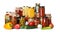 Fresh vegetables and jars of pickled products on background