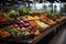 Fresh vegetables neatly arranged on market shelves. A colorful celebration of nature\\\'s bounty. Ai generated