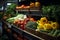 Fresh vegetables neatly arranged on market shelves. A colorful celebration of nature\\\'s bounty. Ai generated