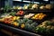 Fresh vegetables neatly arranged on market shelves. A colorful celebration of nature\\\'s bounty. Ai generated