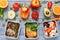 Fresh vegetables nutrition on blue wood background with copy space