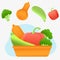 Fresh vegetables. Orange plate. Vector illustration. Vegetable icons. Vector gradient. Pepper. Pumpkin. Broccoli. Zucchini