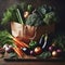 Fresh vegetables in a paper bag on a rustic table. The vegetables include carrots, broccoli, onions, tomatoes, bell