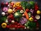 fresh vegetables and spices on wooden table for making salad