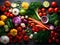 fresh vegetables and spices on wooden table for making salad