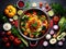 fresh vegetables and spices on wooden table for making salad