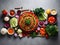 fresh vegetables and spices on wooden table for making salad