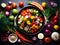 fresh vegetables and spices on wooden table for making salad