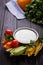 Fresh vegetables stick and yogurt dip