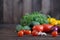 Fresh vegetables: tomatos, cucumbers, peppers, onions and greens