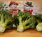 Fresh vegetables in winter on the green table: green heads of garden cabbage broccoli, onion pods of leeks against the background