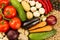 fresh vegetables on wooden background. The icon for healthy eating, diets, weight loss.