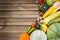 Fresh vegetables on wooden background top view