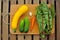 Fresh vegetables: yellow marrow, cucumbers, carrot and chard on