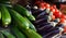 Fresh vegetables - zucchini, squash, aubergines, eggplant and tomatoes on showcase of supermarket in Monaco. Healthy vegetarian