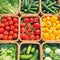 Fresh veggies in market basket tomatoes, cucumbers, eggplants, beans