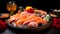 Fresh, vibrant Japanese sushi plate with fish, rice, and seafood on a plate on a dark background