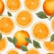 Fresh and vibrant seamless pattern of orange fruit and leaves on a white background