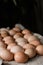 Fresh village domestic eggs. Brown glowing hen eggs, rural organic food concept