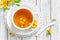 Fresh warmer herbal hawthorn tea with fresh berries in a white cup on wooden background