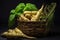 fresh wasabi roots in a basket, with dirt still clinging to them