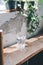 Fresh water in the glass and green plant on wooden chair by window in stylish loft with white walls and sunlight.