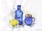 Fresh watercolor still life with blue bottle, lemon and cup on white background. Modern graphics