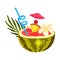 Fresh Watermelon Cocktail With Pineapple, Vanilla Flower, Cherry, Blue Straw, Umbrella And Palm Leaf Vector Illustration