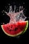 Fresh watermelon in motion suspended with splash of water over black background.