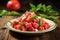 fresh watermelon salad garnished with basil leaves on a rustic table