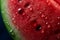 A fresh watermelon seen up close, with water droplets, Generative AI